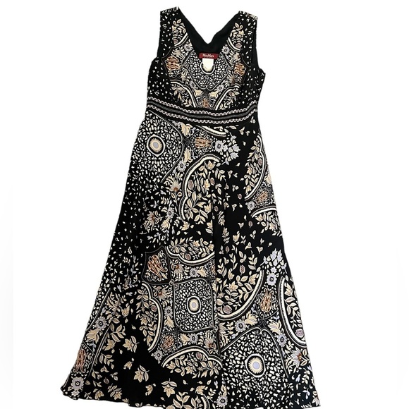 MAX MARA STUDIO SILK FLORAL PRINTED V-NECK SLEEVELESS MIDI DRESS BLACK SIZE 6
